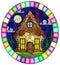 Stained glass illustration with  a cozy wooden house against the background of trees and night sky with moon , oval image in a bri