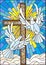 Stained glass illustration with a cross and a pair of white doves