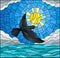 Stained glass illustration crow on the background of sky, sun , clouds and water