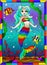 Stained glass illustration with cute cartoon mermaid in the background of the seabed and fish, in bright frame