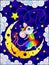 Stained glass illustration with  a cute cartoon mouse with a fishing rod standing on the moon, against the background of the night