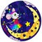 Stained glass illustration with  a cute cartoon mouse with a fishing rod standing on the moon, against the background of the night