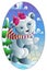 Stained glass illustration with  a  cute cartoon polar bear against a winter landscape, oval  image