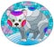 Stained glass illustration with a cute cartoon polar bear on the background of snow and a cloudy sky, oval image