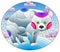 Stained glass illustration with a cute cartoon polar bear on the background of snow and a cloudy sky, oval image