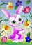 Stained glass illustration with a cute cartoon purple rabbit on a background of bright flowers