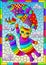 Stained glass illustration with a cute cartoon rainbow kitten with an umbrella on a cloudy sky background, rectangular image in a
