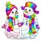 Stained glass illustration with  cute cartoon snowmen isolated on a white background