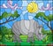 Stained glass illustration with cute gray rhino on the background of green trees of cloudy sky and sun