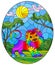 Stained glass illustration with  cute rainbow lion on the background of green trees of cloudy sky and sun, oval image