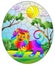 Stained glass illustration with cute rainbow lion on the background of green trees of cloudy sky and sun, oval image