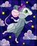 Stained glass illustration with  a  dancing mouse on the background of the starry sky and clouds