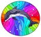 Stained glass illustration with dolphin on a rainbow background  and air bubbles