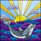 Stained glass illustration dolphin into the waves, Sunny sky and clouds, square image