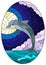 Stained glass illustration with dolphins on the background of the night sky and the sea, oval image