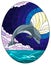 Stained glass illustration with dolphins on the background of the night sky and the sea, oval image