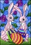 Stained glass illustration for Easter holiday, two pink rabbits and Easter painted eggs on a background of tree branches with fl
