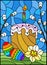 Stained glass illustration with an Easter still life , cake and Easter eggs on the background of willow branches and the sky