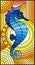 Stained glass illustration with fabulous abstract blue fish seahorse, fish on orange background