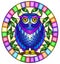 Stained glass illustration with  fabulous blue owl sitting on a tree branch against the sky,oval picture frame in bright