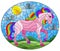 Stained glass illustration with  a fabulous bright horse on a background of fields and a cloudy sky with the sun,oval image