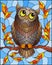 Stained glass illustration with fabulous brown owl sitting on a autumn tree branch against the sky