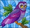Stained glass illustration with fabulous colourful owl sitting on a tree branch against the sky