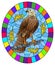 Stained glass illustration  with fabulous Falcon sitting on a tree branch against the sky, oval image in bright frame