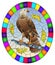 Stained glass illustration with  fabulous Falcon sitting on a tree branch against the sky, oval image in bright frame