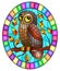 Stained glass illustration with fabulous  owl sitting on a autumn tree branch against the sky, oval image in bright frame