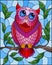 Stained glass illustration with fabulous pink owl sitting on a tree branch against the sky