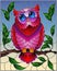 Stained glass illustration with fabulous pink owl sitting on a tree branch against the sky