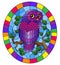 Stained glass illustration with fabulous purple owl sitting on a tree branch against the sky,oval picture frame in bright