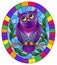 Stained glass illustration with fabulous purple owl sitting on a tree branch against the sky,oval picture frame in bright