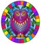 Stained glass illustration with  fabulous purple owl sitting on a tree branch against the sky,oval picture frame in bright