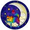 Stained glass illustration with fabulous rainbow kitten  on the moon on a starry sky background, round image