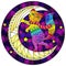 Stained glass illustration with  fabulous rainbow kitten  on the moon on a starry sky background, round image