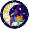 Stained glass illustration with  fabulous rainbow kitten  on the moon on a starry sky background, round image