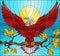 Stained glass illustration with fabulous red eagle sitting on a tree branch against the sky