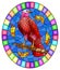 Stained glass illustration with fabulous red Falcon sitting on a tree branch against the sky, oval image in bright frame