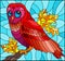 Stained glass illustration with fabulous red owl sitting on a autumn tree branch against the sky