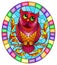 Stained glass illustration with fabulous red owl sitting on a tree branch against the sky,oval picture frame in bright