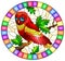 Stained glass illustration with fabulous red owl sitting on a tree branch ,oval picture frame in bright