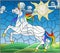 Stained glass illustration with fabulous white unicorn galloping on the green meadow on the background of the cloudy sky and sun