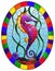 Stained glass illustration with a fish seahorse on the background of water and algae,oval picture frame in bright