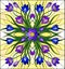 Stained glass illustration with floral arrangement, purple and blue Crocuses on a yellow background