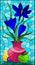Stained glass illustration with floral still life, a bouquet of blue flowers in a vase and fruit on a blue sky background