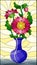 Stained glass illustration with floral still life, a bouquet of pink asters in a blue vase on a yellow background