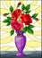 Stained glass illustration with floral still life, colorful bouquet of red roses in a purple vase on a yellow background