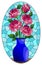 Stained glass illustration with  floral still life, vase with a bouquet of pink roses on a blue background, oval image